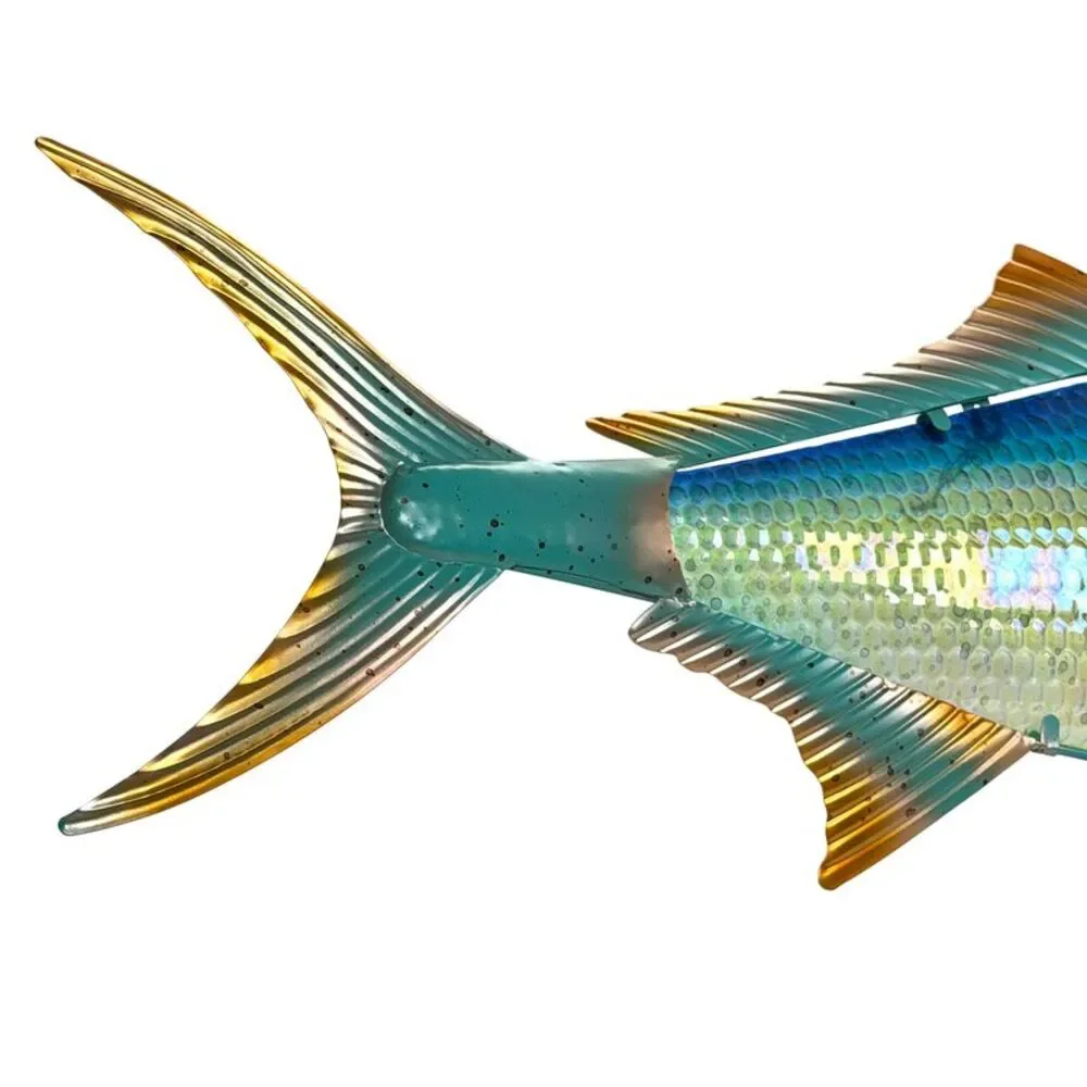 Tuna Fish Wall Sculpture 36 Inch Metal and Glass Iridescent Coastal Decor